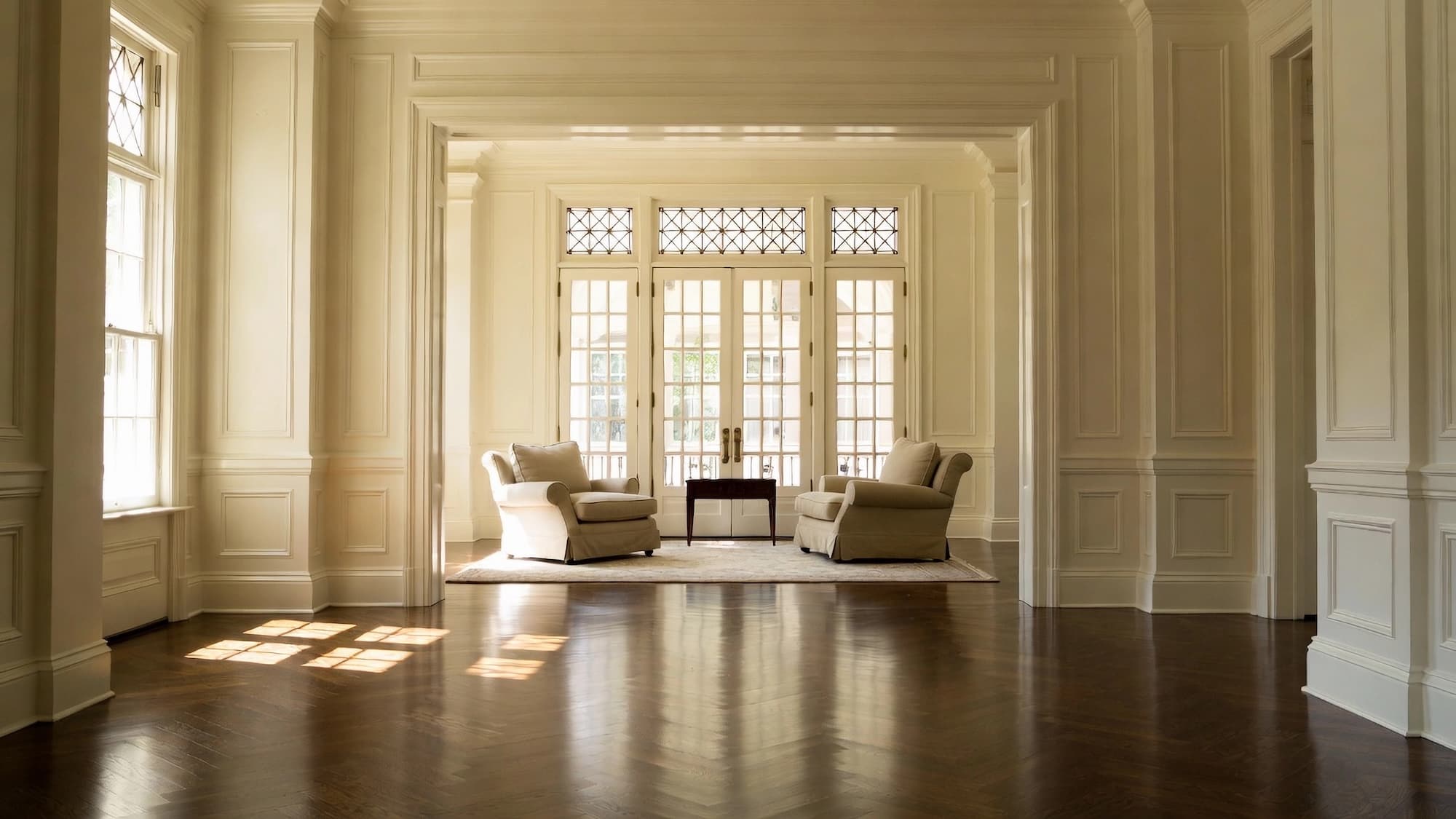 Luxurious interior with dark hardwood floors in chevron pattern
