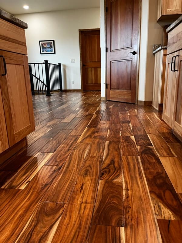 Character hardwood floors catching direct sunlight in a Cody Wyoming home